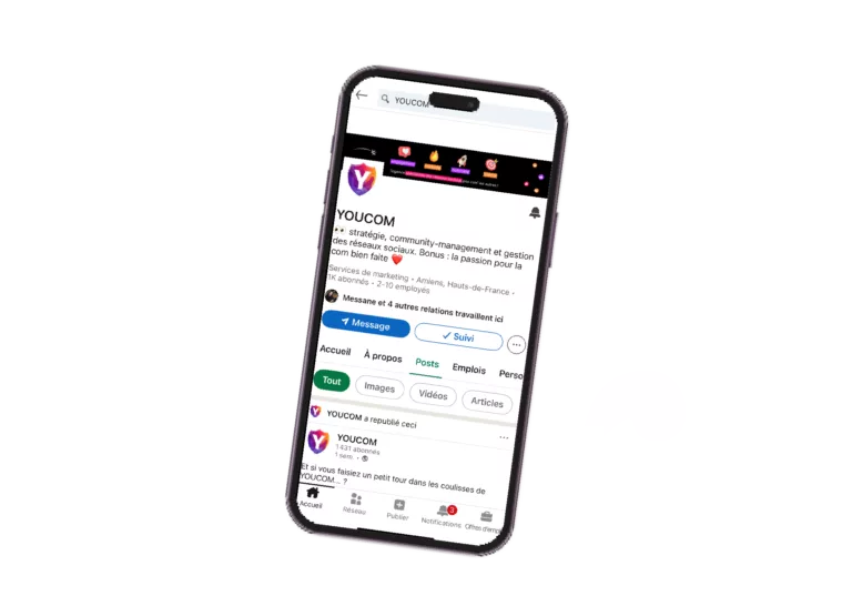 Téléphone avec la page Linkedin de YOUCOM - community management